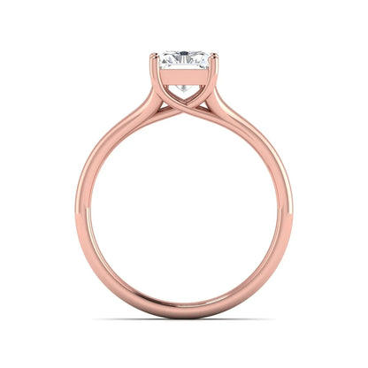 Radiant cut lab grown diamond solitaire engagement ring featuring a split shank band with a four-prong setting in polished rose gold.