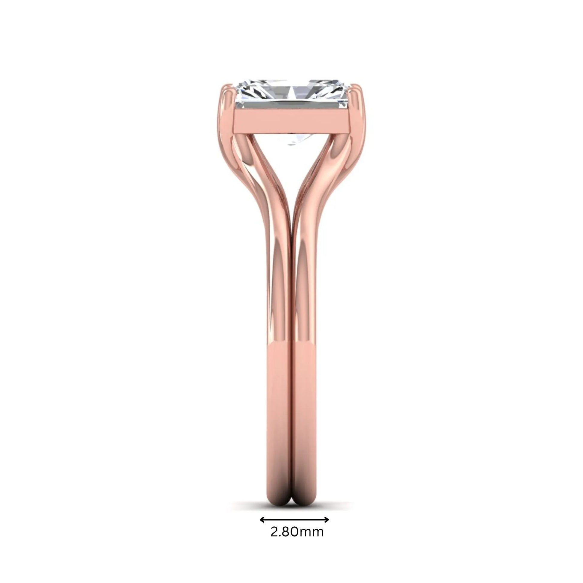 Radiant cut lab grown diamond solitaire engagement ring featuring a split shank band with a four-prong setting in polished rose gold.