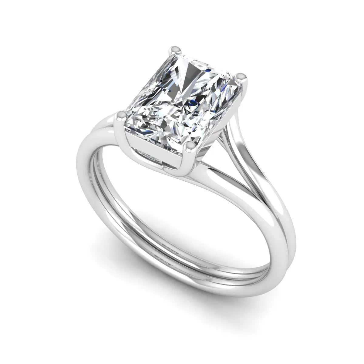 Radiant cut lab grown diamond solitaire engagement ring featuring a split shank band with a four-prong setting in polished white gold.