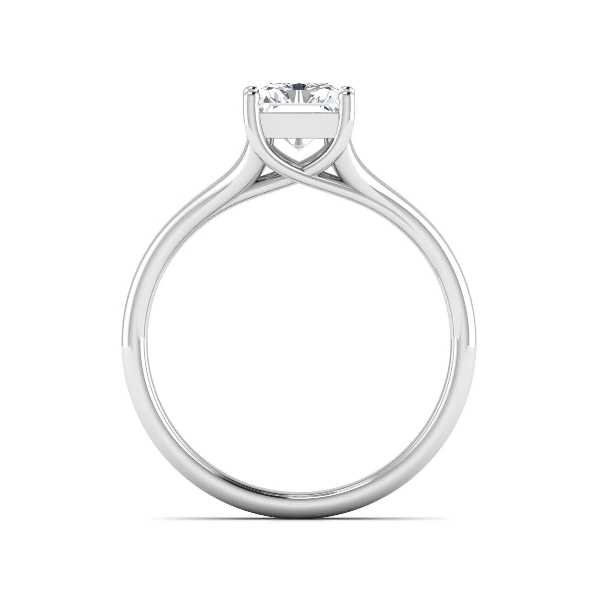 Radiant cut lab grown diamond solitaire engagement ring featuring a split shank band with a four-prong setting in polished white gold.