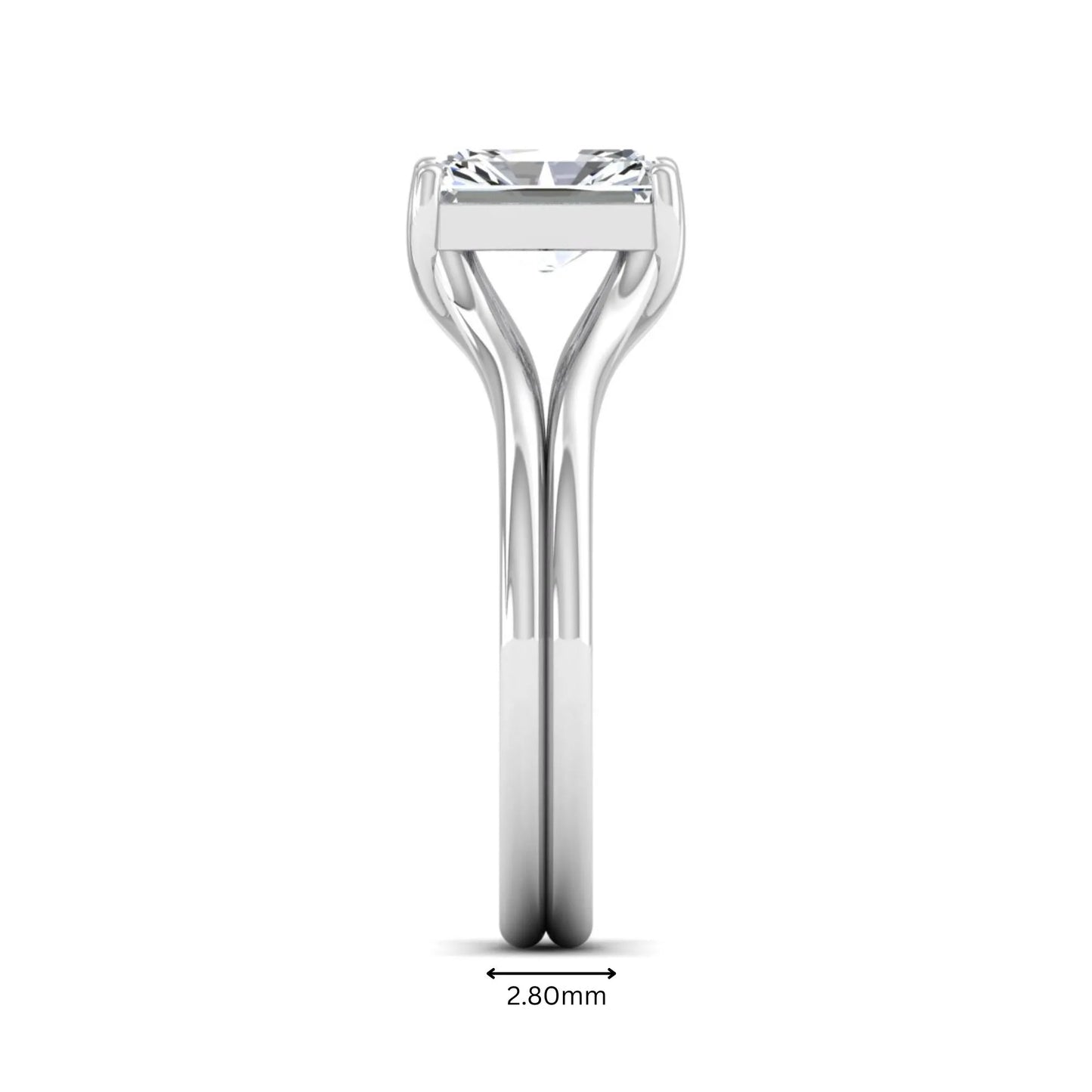 Radiant cut lab grown diamond solitaire engagement ring featuring a split shank band with a four-prong setting in polished white gold.