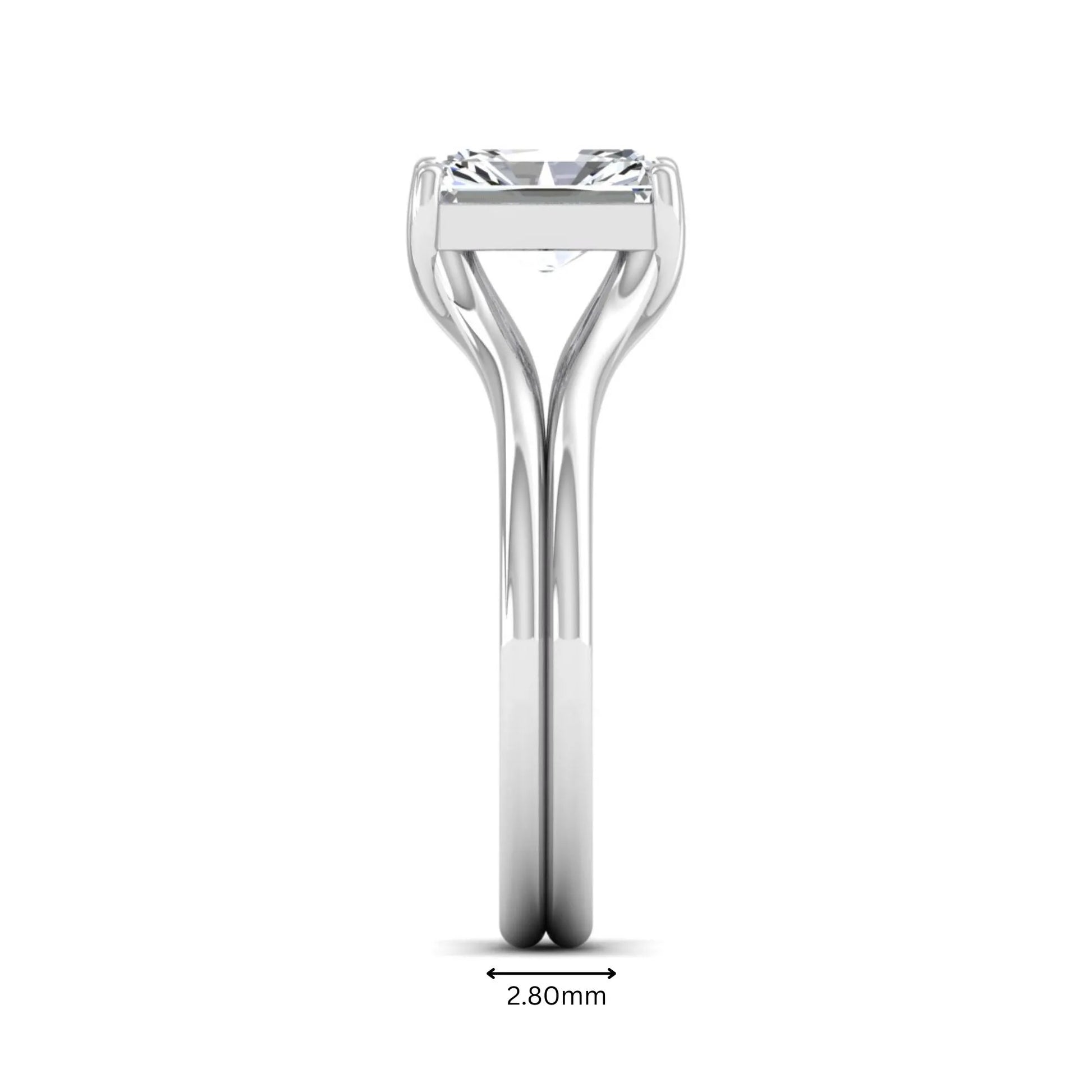 Radiant cut lab grown diamond solitaire engagement ring featuring a split shank band with a four-prong setting in polished white gold.