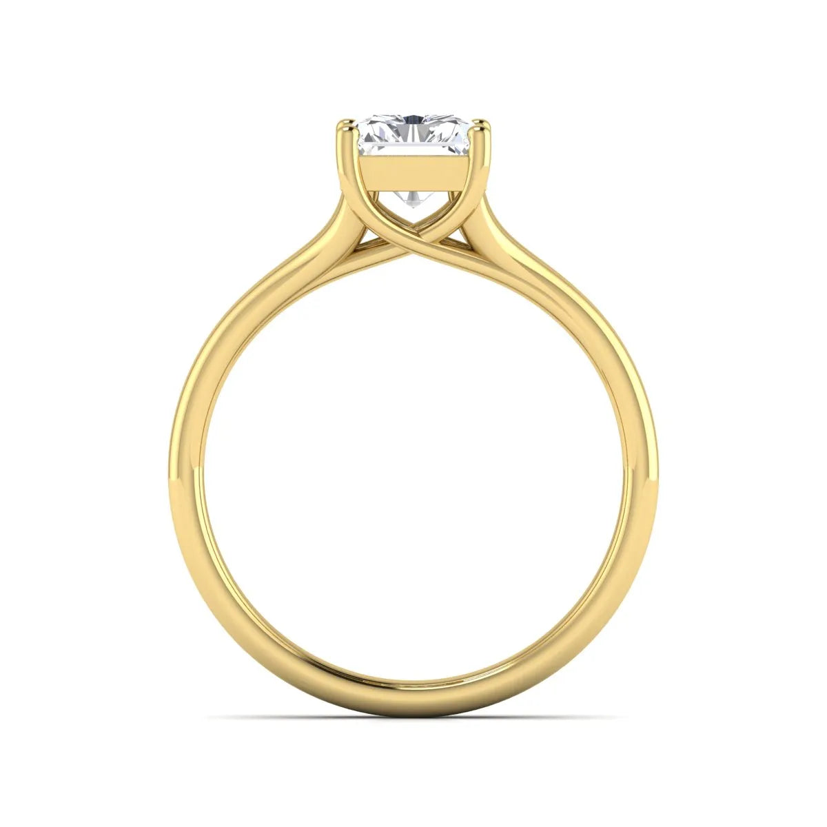 Radiant cut lab grown diamond solitaire engagement ring featuring a split shank band with a four-prong setting in polished yellow gold.