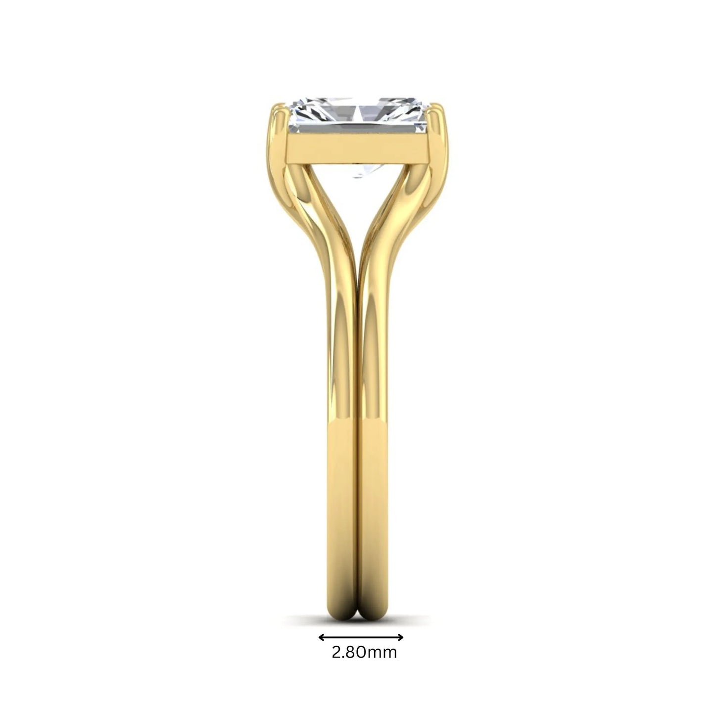 Radiant cut lab grown diamond solitaire engagement ring featuring a split shank band with a four-prong setting in polished yellow gold.