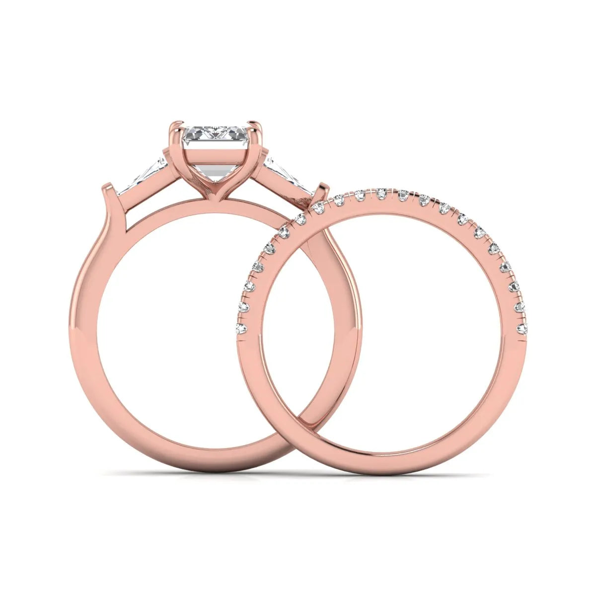Radiant cut lab grown diamond bridal ring set featuring baguette side diamonds and a pavé diamond wedding band in rose gold tone design.
