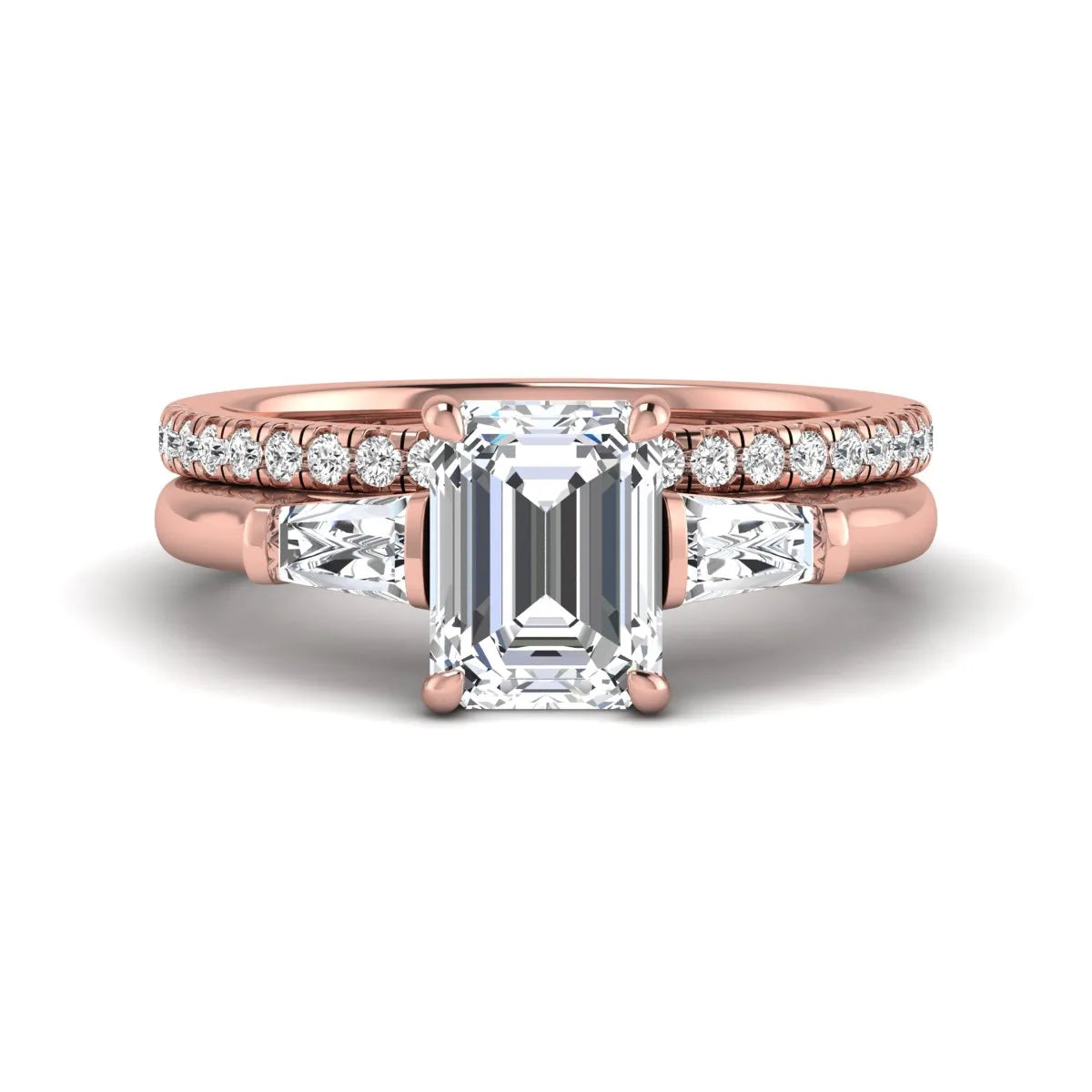 Radiant cut lab grown diamond bridal ring set featuring baguette side diamonds and a pavé diamond wedding band in rose gold tone design.