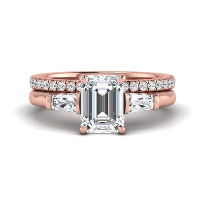 Radiant cut lab grown diamond bridal ring set featuring baguette side diamonds and a pavé diamond wedding band in rose gold tone design.