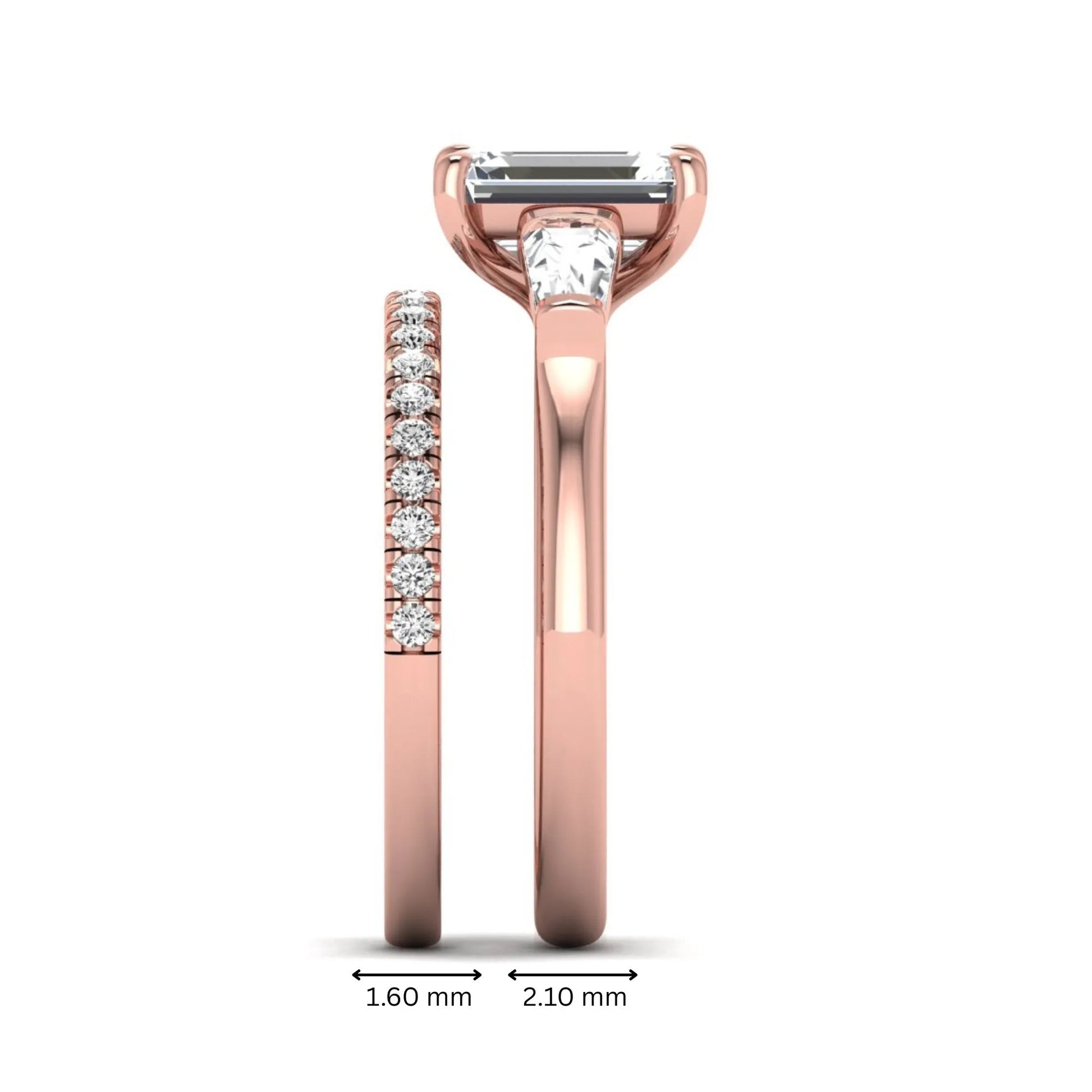 Radiant cut lab grown diamond bridal ring set featuring baguette side diamonds and a pavé diamond wedding band in rose gold tone design.