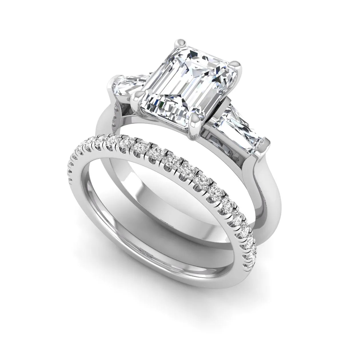 Radiant cut lab grown diamond bridal ring set featuring baguette side diamonds and a pavé diamond wedding band in white gold tone design.