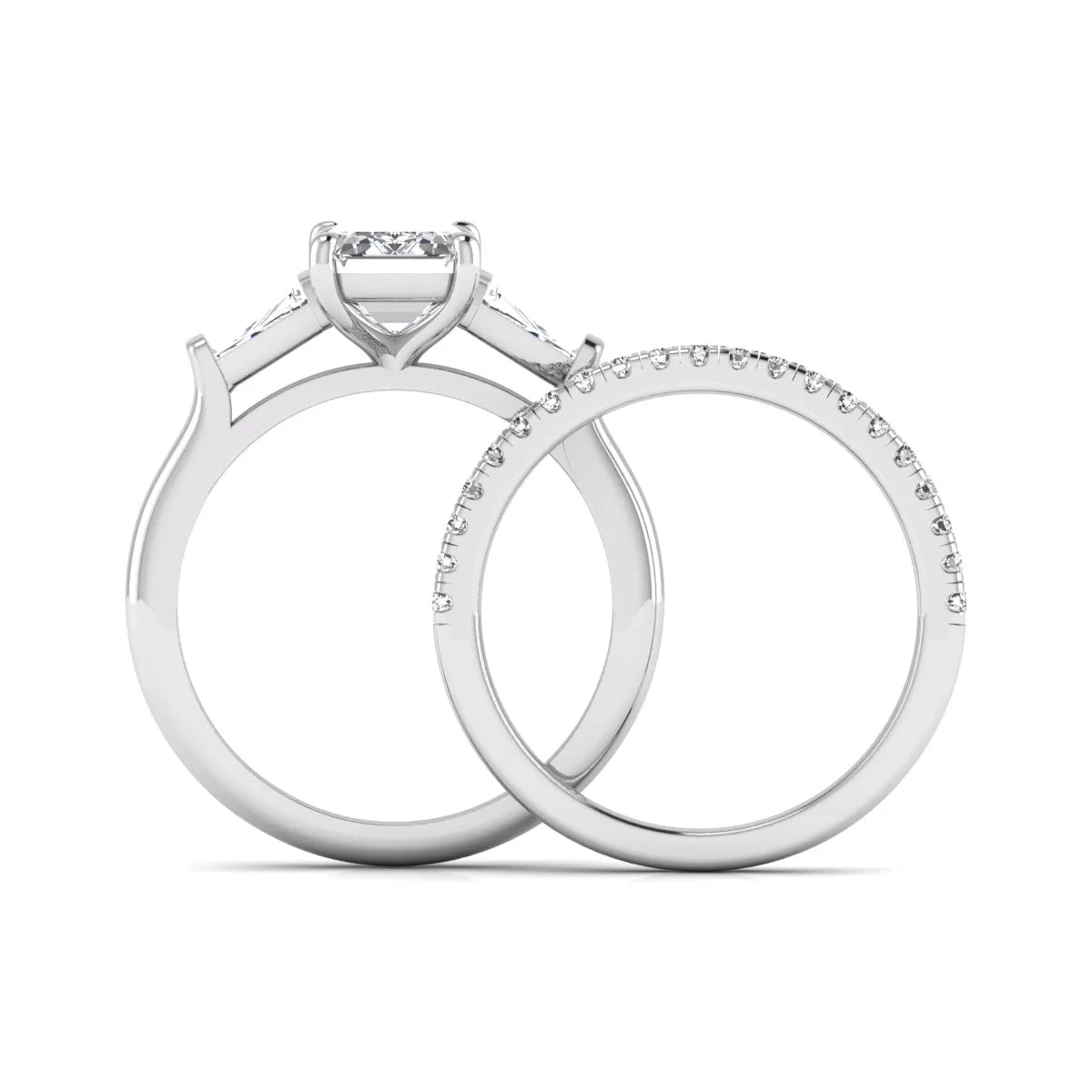 Radiant cut lab grown diamond bridal ring set featuring baguette side diamonds and a pavé diamond wedding band in white gold tone design.