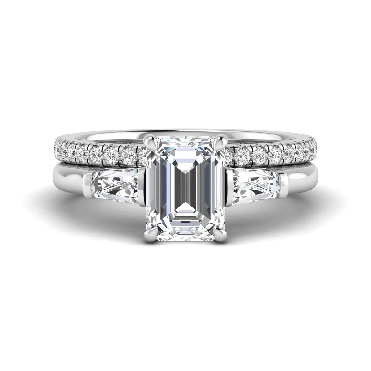 Radiant cut lab grown diamond bridal ring set featuring baguette side diamonds and a pavé diamond wedding band in white gold tone design.