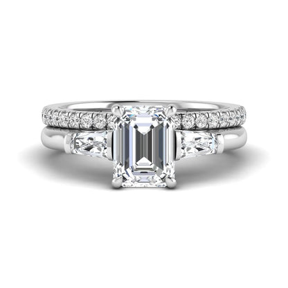 Radiant cut lab grown diamond bridal ring set featuring baguette side diamonds and a pavé diamond wedding band in white gold tone design.