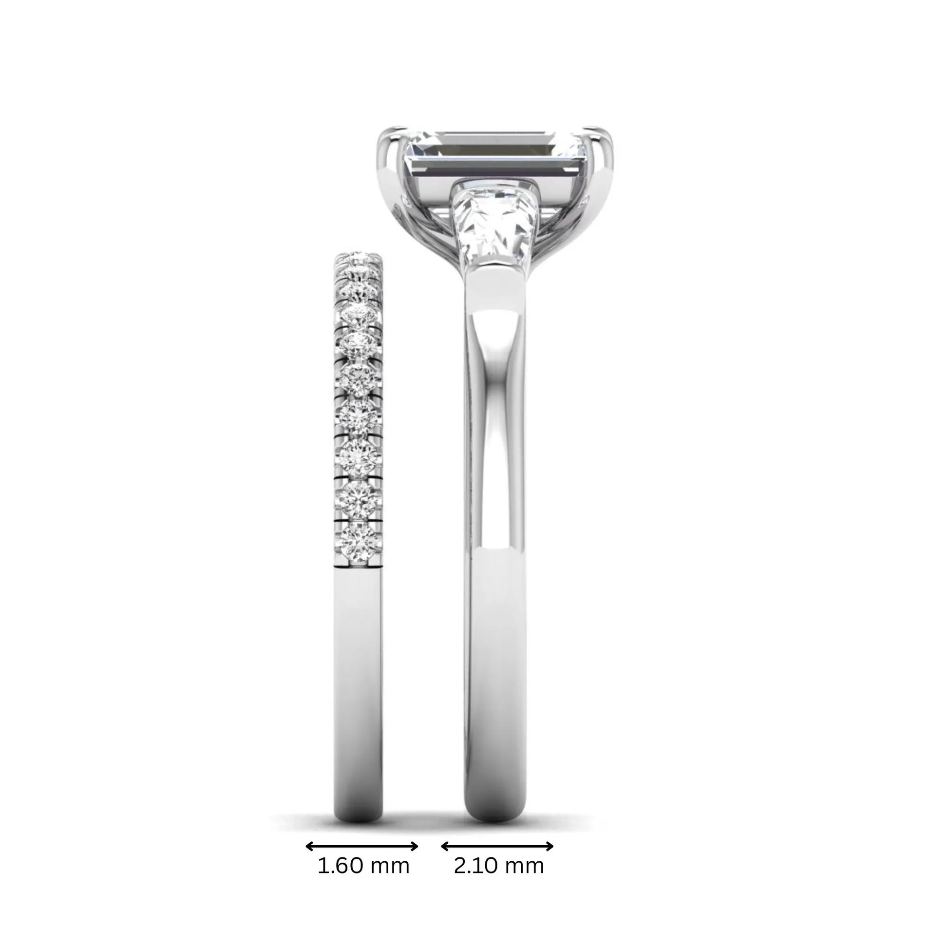 Radiant cut lab grown diamond bridal ring set featuring baguette side diamonds and a pavé diamond wedding band in white gold tone design.