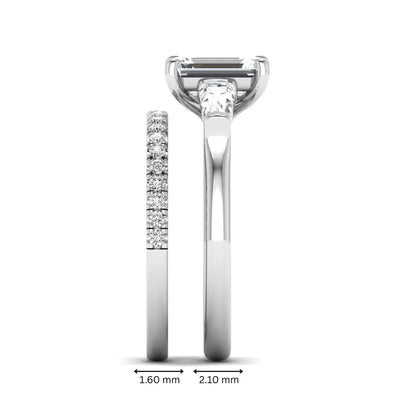 Radiant cut lab grown diamond bridal ring set featuring baguette side diamonds and a pavé diamond wedding band in white gold tone design.