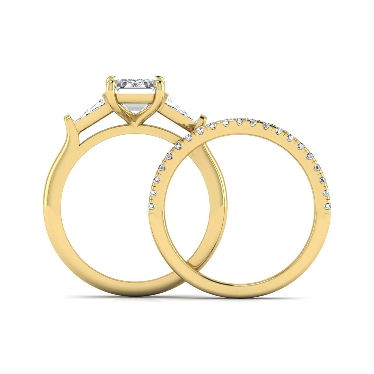 Radiant cut lab grown diamond bridal ring set featuring baguette side diamonds and a pavé diamond wedding band in yellow gold tone design.