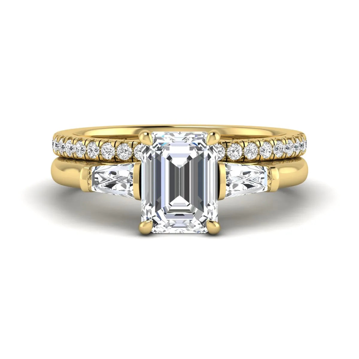 Radiant cut lab grown diamond bridal ring set featuring baguette side diamonds and a pavé diamond wedding band in yellow gold tone design.
