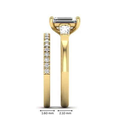 Radiant cut lab grown diamond bridal ring set featuring baguette side diamonds and a pavé diamond wedding band in yellow gold tone design.