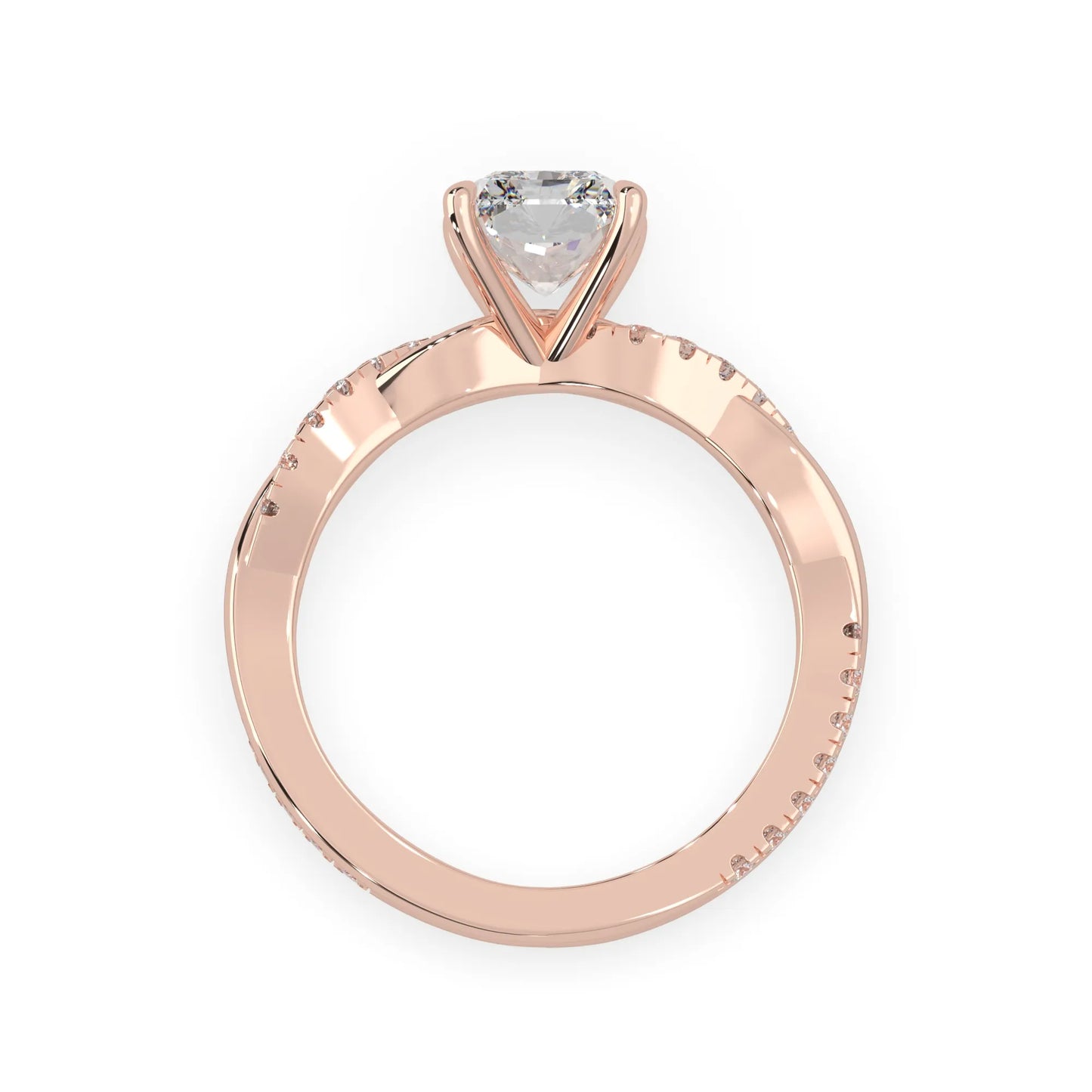 Radiant brilliant lab grown diamond engagement ring with prong setting and twisted pavé diamond band in rose gold tone