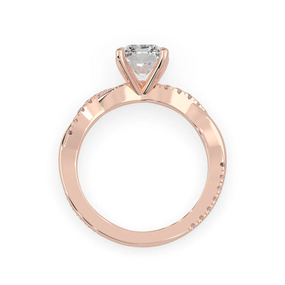 Radiant brilliant lab grown diamond engagement ring with prong setting and twisted pavé diamond band in rose gold tone