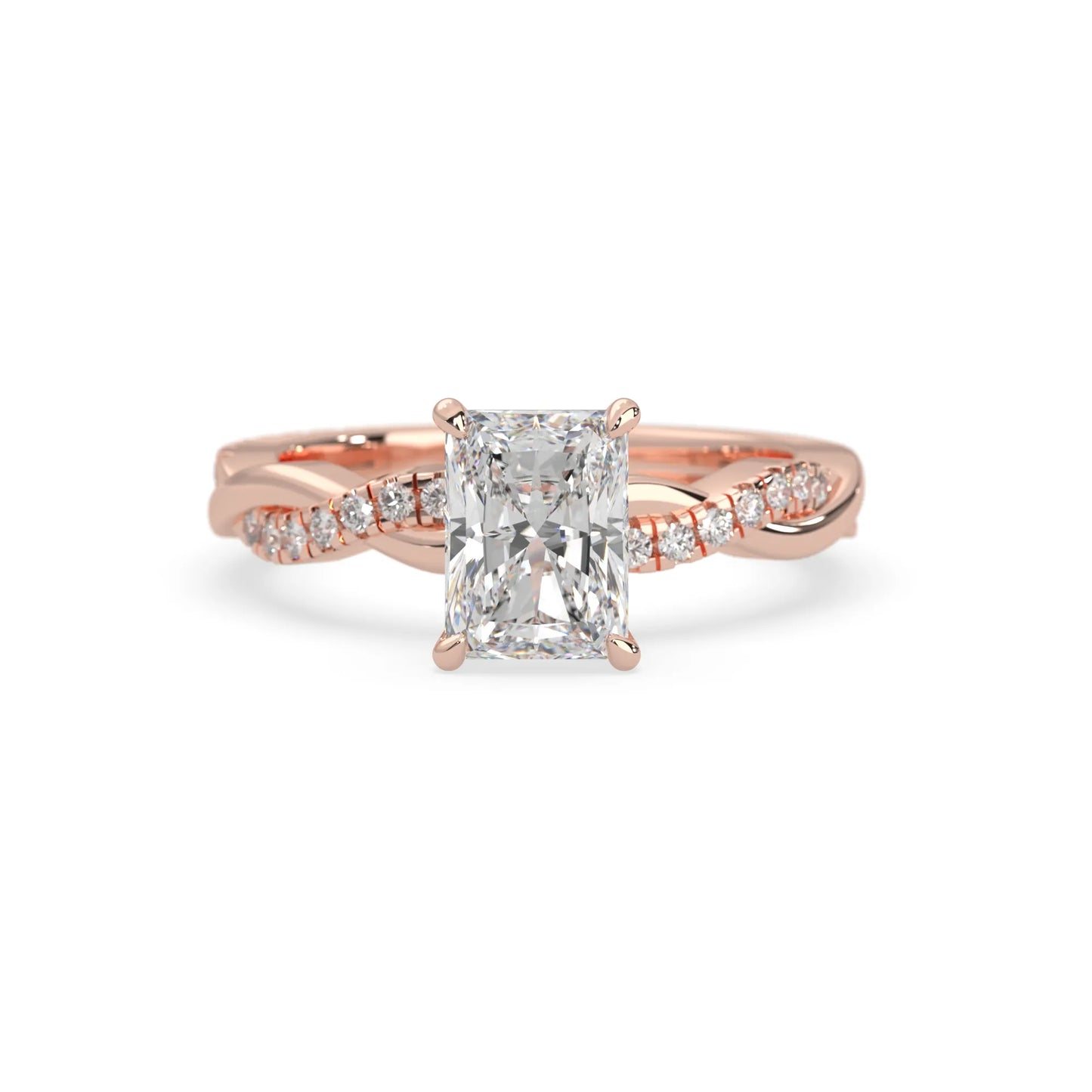 Radiant brilliant lab grown diamond engagement ring with prong setting and twisted pavé diamond band in rose gold tone