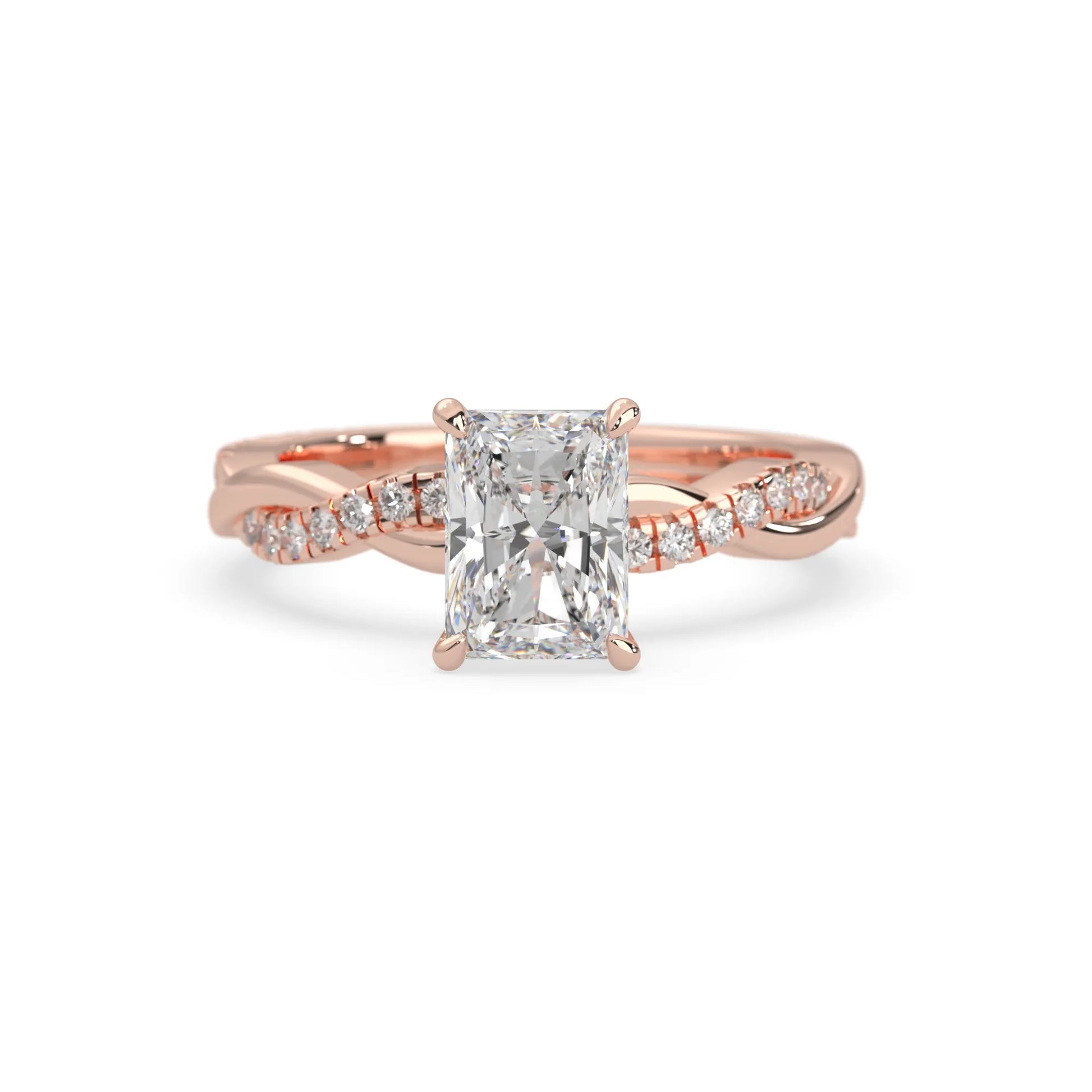 Radiant brilliant lab grown diamond engagement ring with prong setting and twisted pavé diamond band in rose gold tone