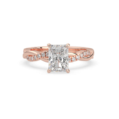 Radiant brilliant lab grown diamond engagement ring with prong setting and twisted pavé diamond band in rose gold tone