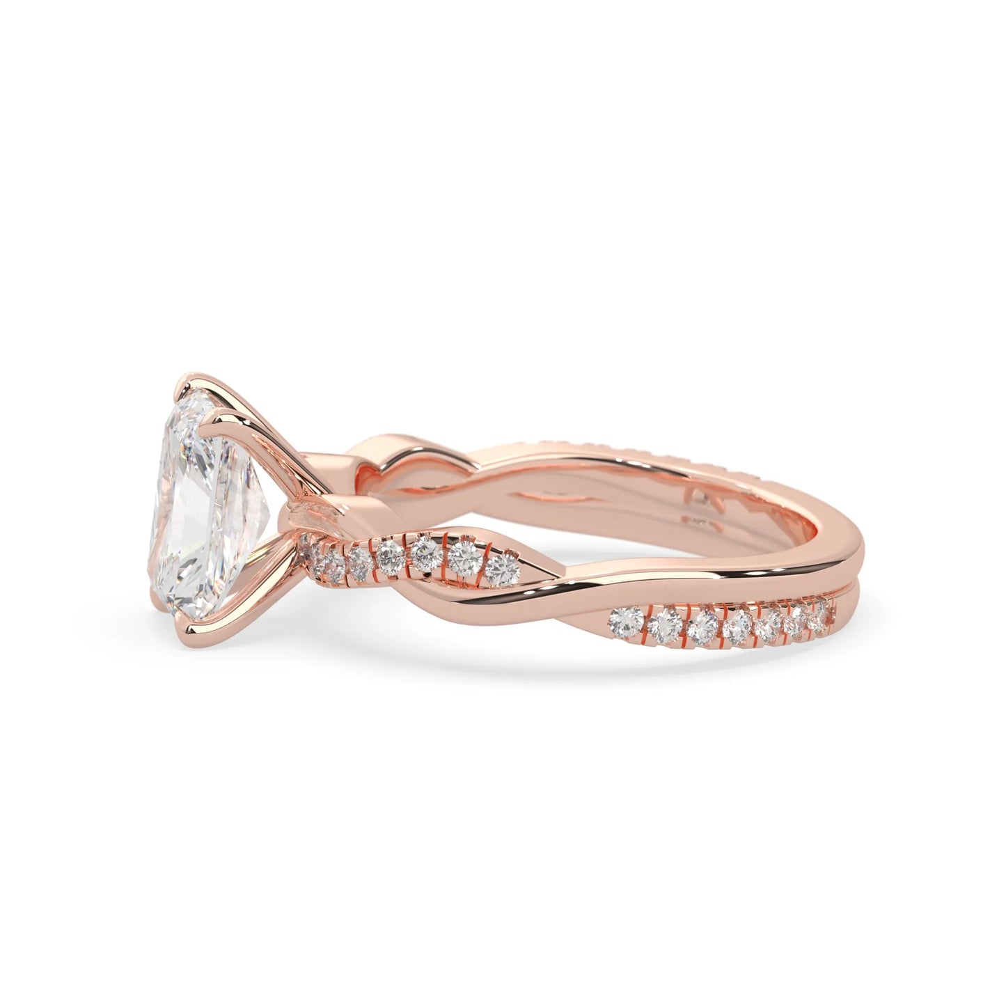 Radiant brilliant lab grown diamond engagement ring with prong setting and twisted pavé diamond band in rose gold tone