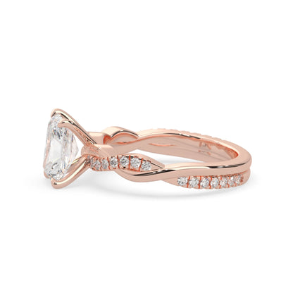 Radiant brilliant lab grown diamond engagement ring with prong setting and twisted pavé diamond band in rose gold tone