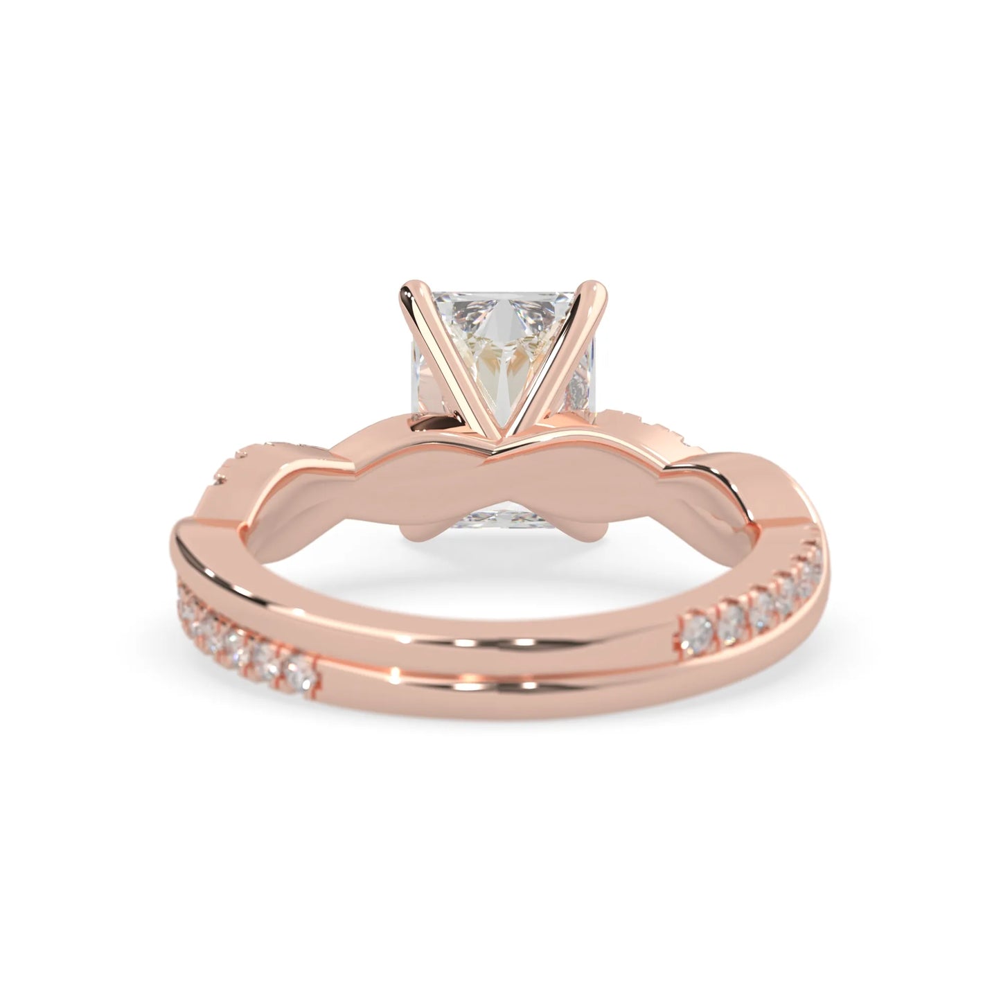 Radiant brilliant lab grown diamond engagement ring with prong setting and twisted pavé diamond band in rose gold tone