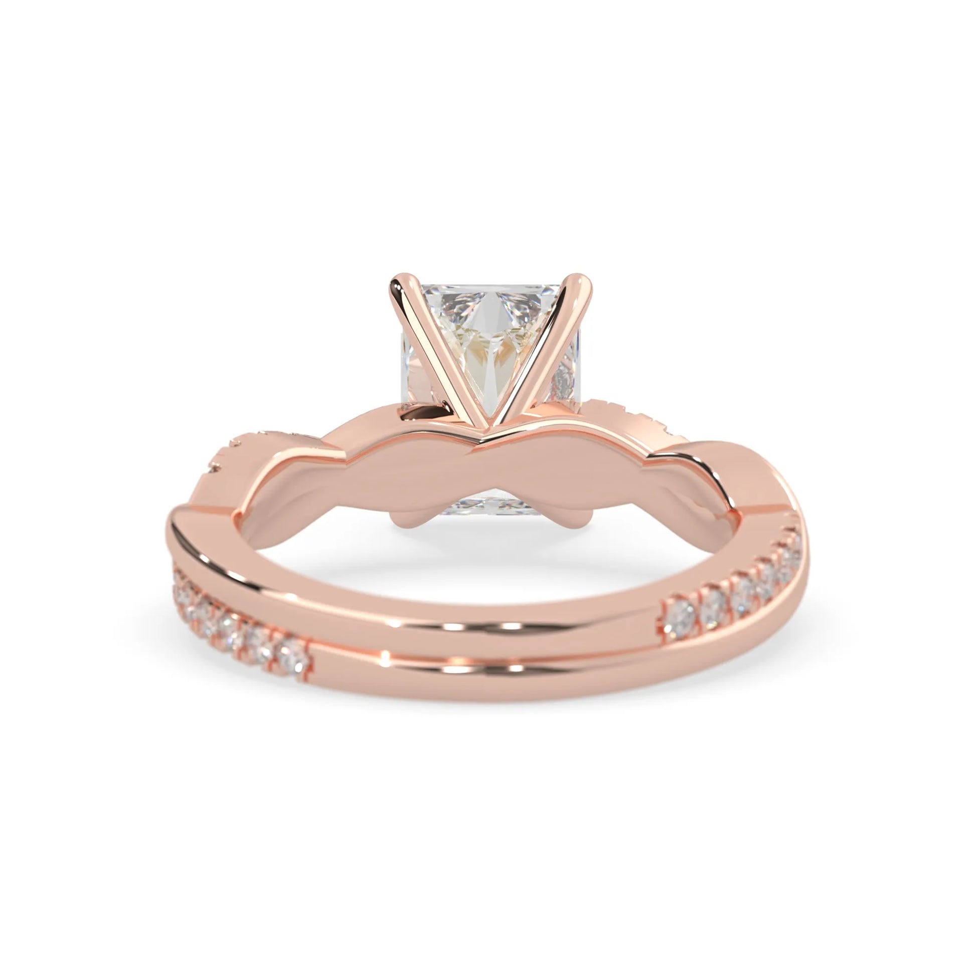 Radiant brilliant lab grown diamond engagement ring with prong setting and twisted pavé diamond band in rose gold tone