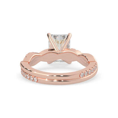 Radiant brilliant lab grown diamond engagement ring with prong setting and twisted pavé diamond band in rose gold tone