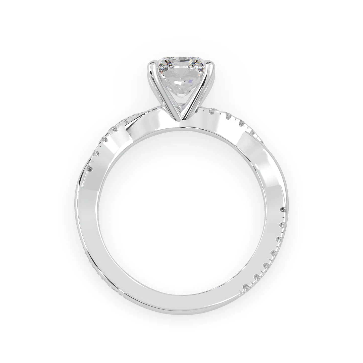 Radiant brilliant lab grown diamond engagement ring with prong setting and twisted pavé diamond band in white gold tone