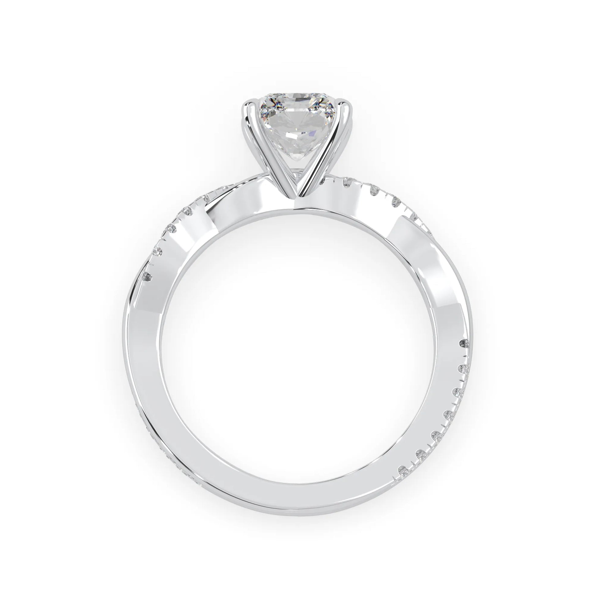 Radiant brilliant lab grown diamond engagement ring with prong setting and twisted pavé diamond band in white gold tone
