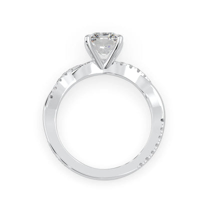 Radiant brilliant lab grown diamond engagement ring with prong setting and twisted pavé diamond band in white gold tone