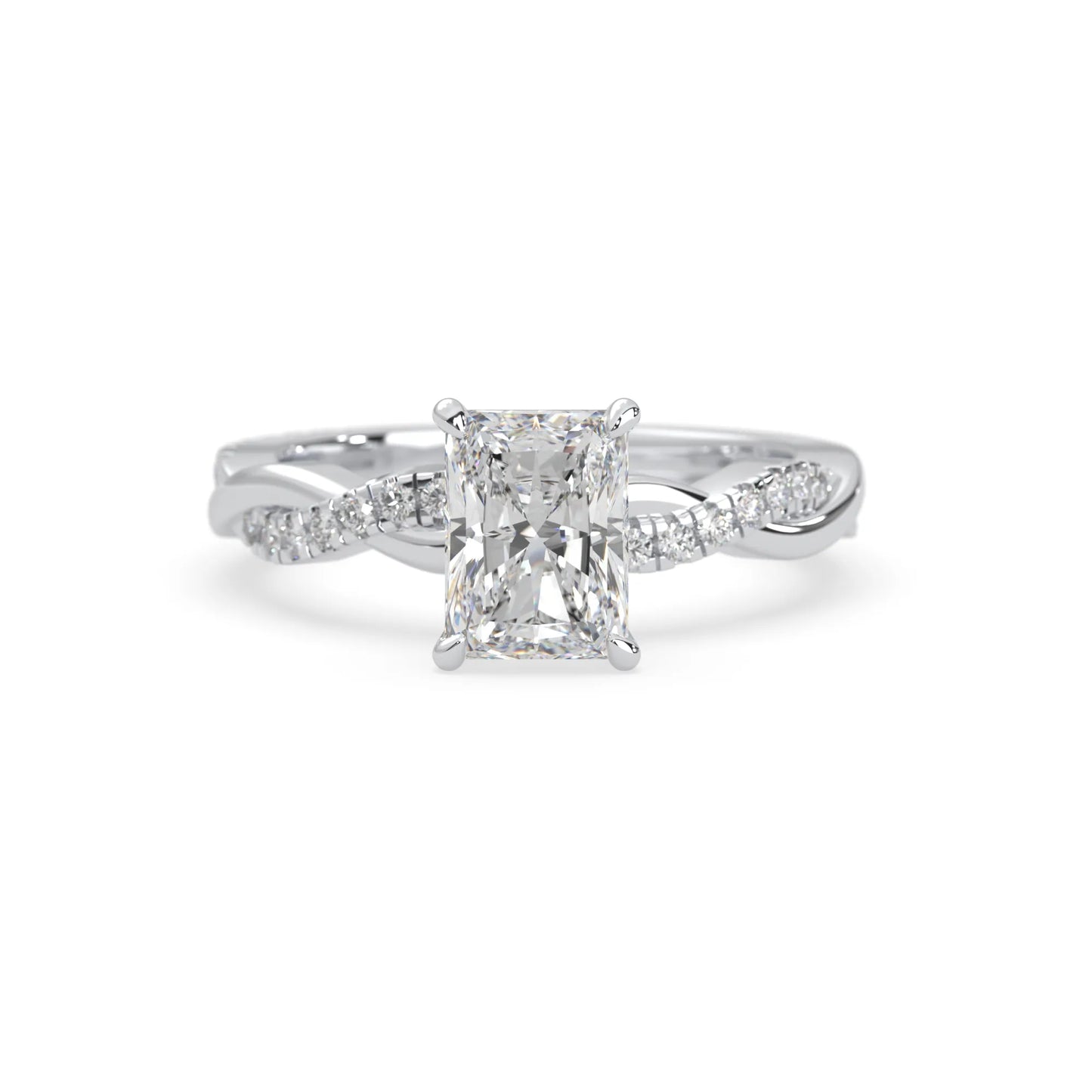 Radiant brilliant lab grown diamond engagement ring with prong setting and twisted pavé diamond band in white gold tone
