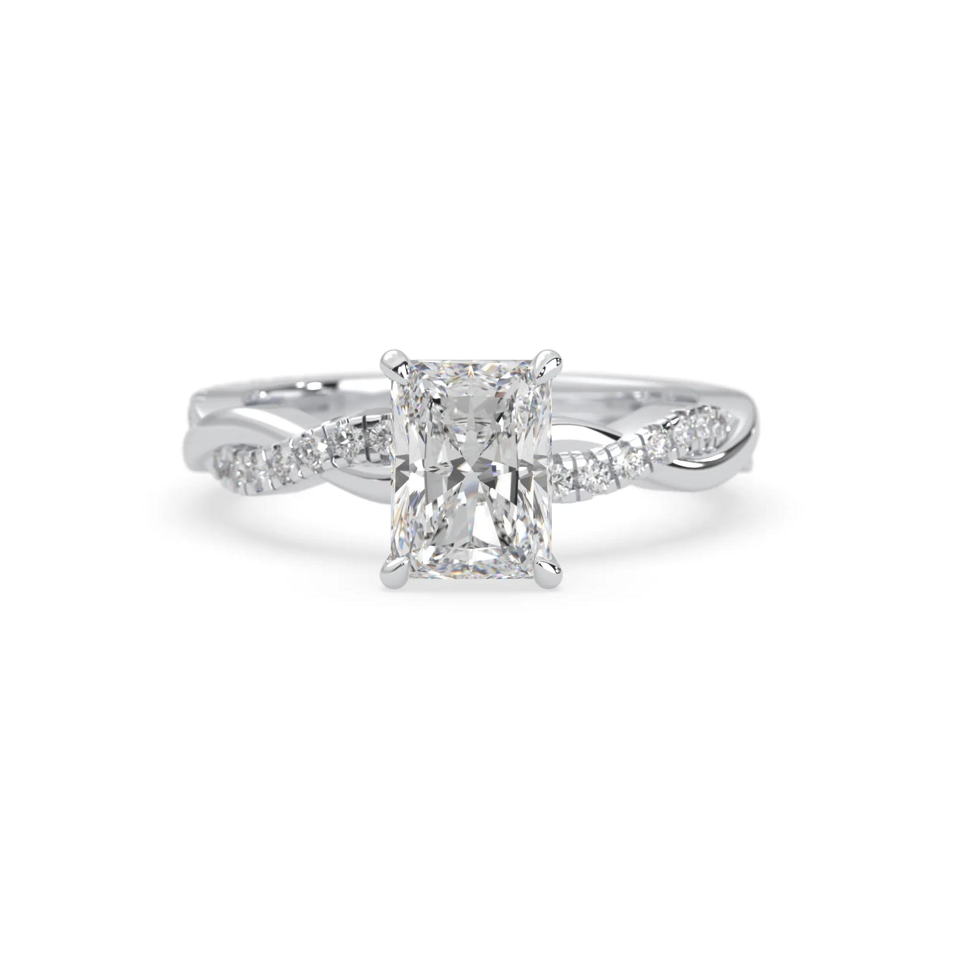 Radiant brilliant lab grown diamond engagement ring with prong setting and twisted pavé diamond band in white gold tone