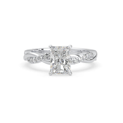 Radiant brilliant lab grown diamond engagement ring with prong setting and twisted pavé diamond band in white gold tone