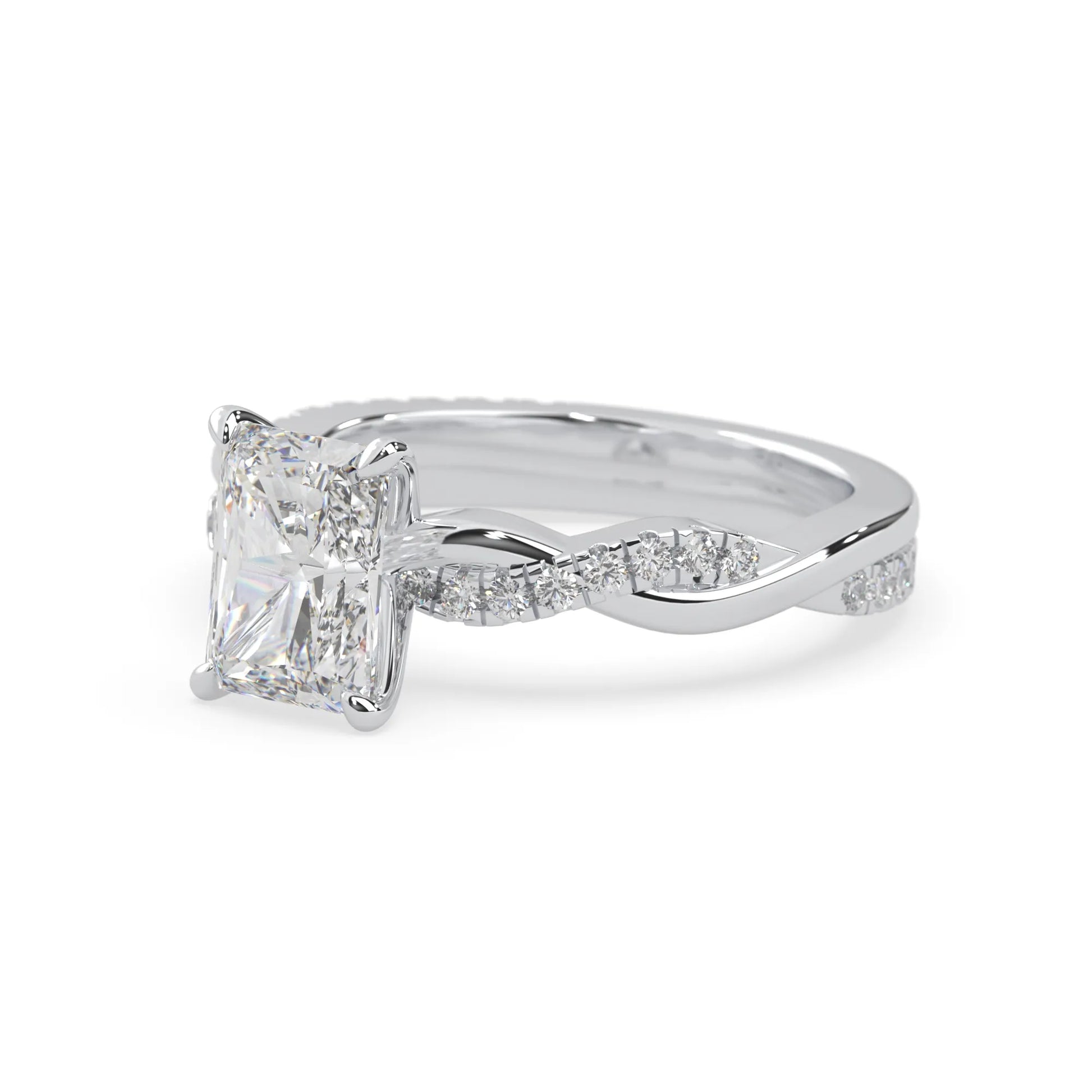 Radiant brilliant lab grown diamond engagement ring with prong setting and twisted pavé diamond band in white gold tone