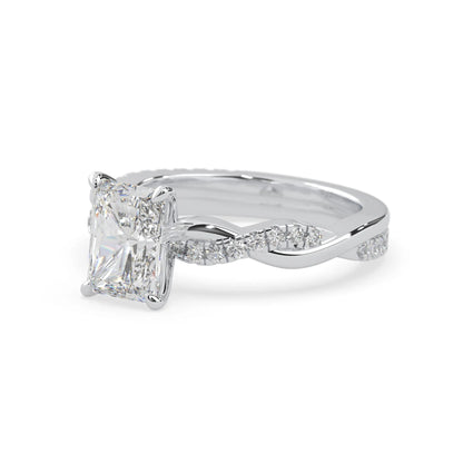 Radiant brilliant lab grown diamond engagement ring with prong setting and twisted pavé diamond band in white gold tone