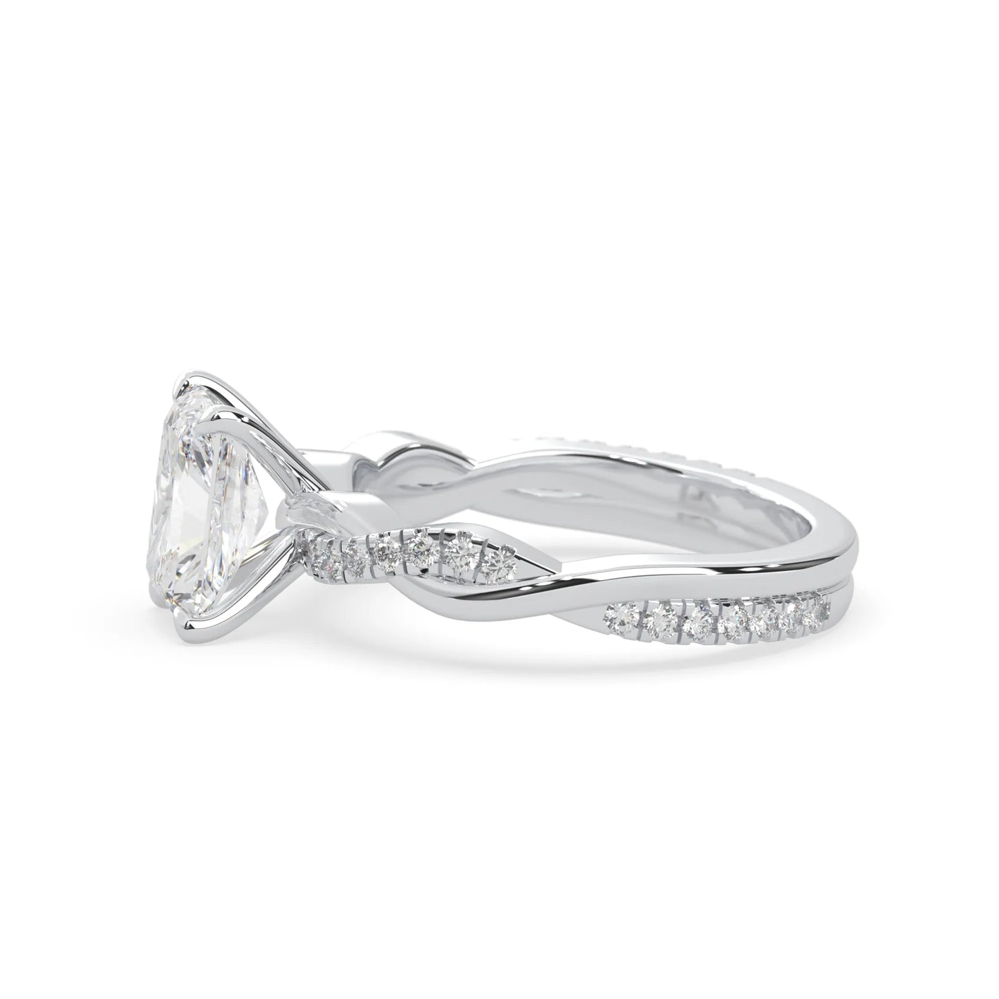 Radiant brilliant lab grown diamond engagement ring with prong setting and twisted pavé diamond band in white gold tone