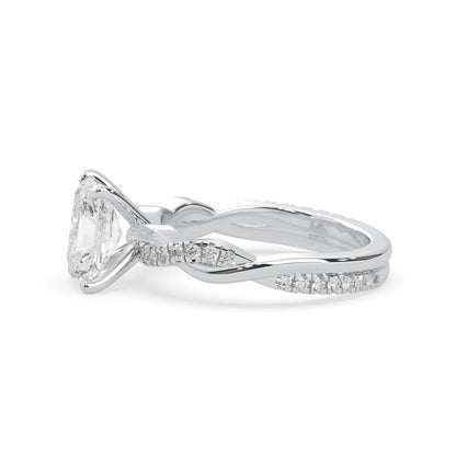 Radiant brilliant lab grown diamond engagement ring with prong setting and twisted pavé diamond band in white gold tone