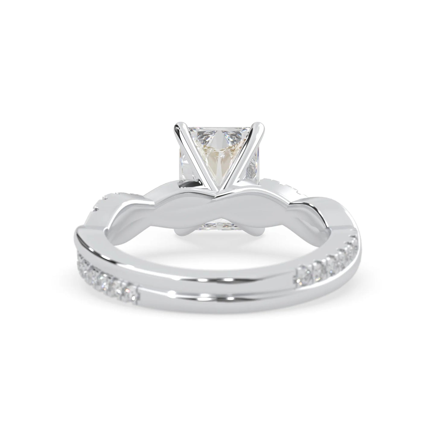 Radiant brilliant lab grown diamond engagement ring with prong setting and twisted pavé diamond band in white gold tone
