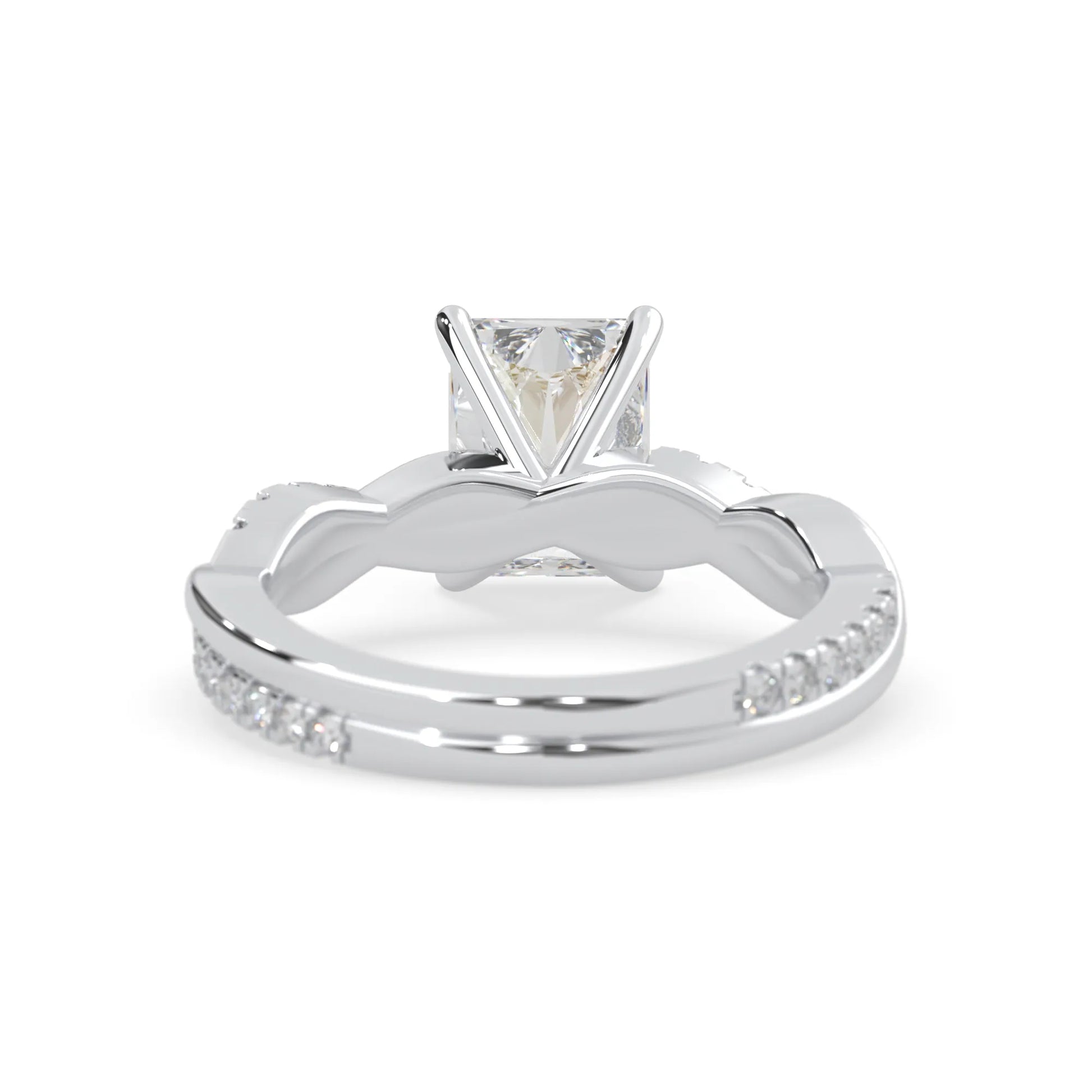 Radiant brilliant lab grown diamond engagement ring with prong setting and twisted pavé diamond band in white gold tone