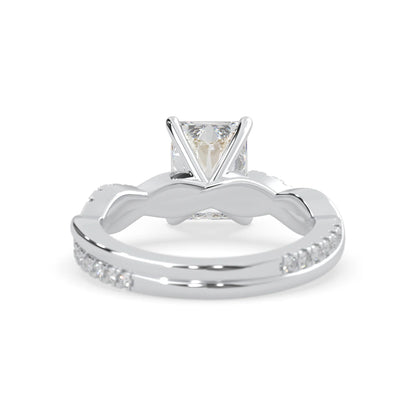 Radiant brilliant lab grown diamond engagement ring with prong setting and twisted pavé diamond band in white gold tone