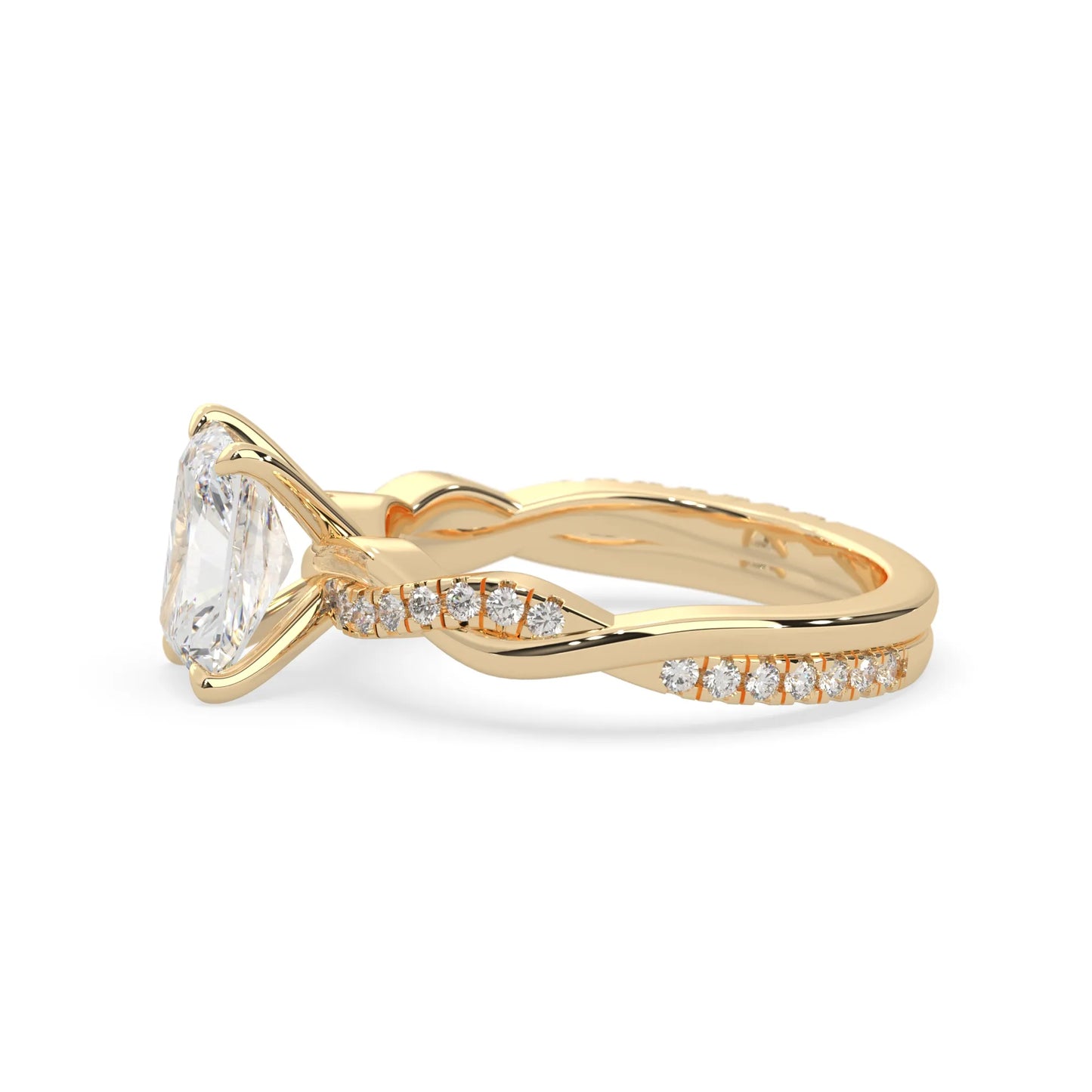 Radiant brilliant lab grown diamond engagement ring with prong setting and twisted pavé diamond band in yellow gold tone