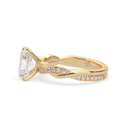 Radiant brilliant lab grown diamond engagement ring with prong setting and twisted pavé diamond band in yellow gold tone