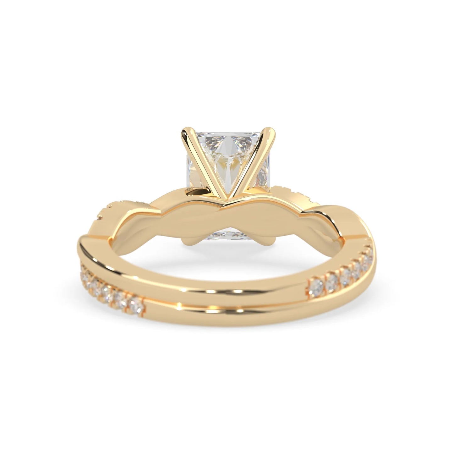Radiant brilliant lab grown diamond engagement ring with prong setting and twisted pavé diamond band in yellow gold tone