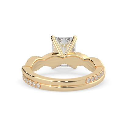 Radiant brilliant lab grown diamond engagement ring with prong setting and twisted pavé diamond band in yellow gold tone
