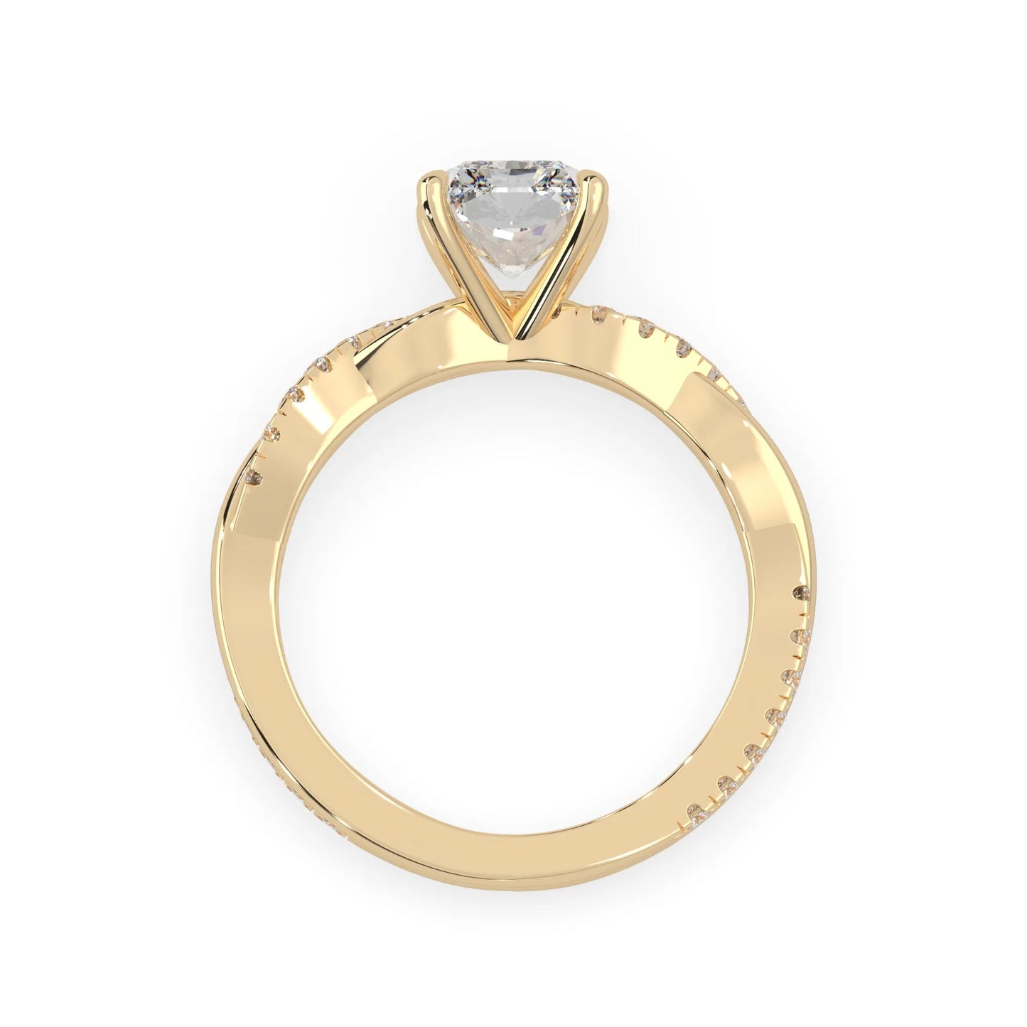 Radiant brilliant lab grown diamond engagement ring with prong setting and twisted pavé diamond band in yellow gold tone
