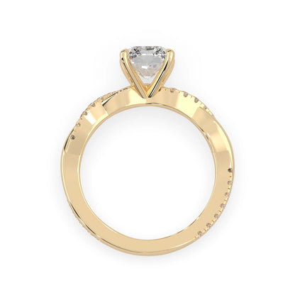 Radiant brilliant lab grown diamond engagement ring with prong setting and twisted pavé diamond band in yellow gold tone